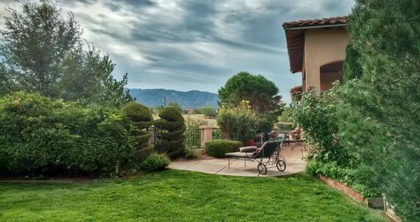 Professionally maintained residential grounds with trimmed shrubs, healthy lawn, and landscaped seating area in Albuquerque